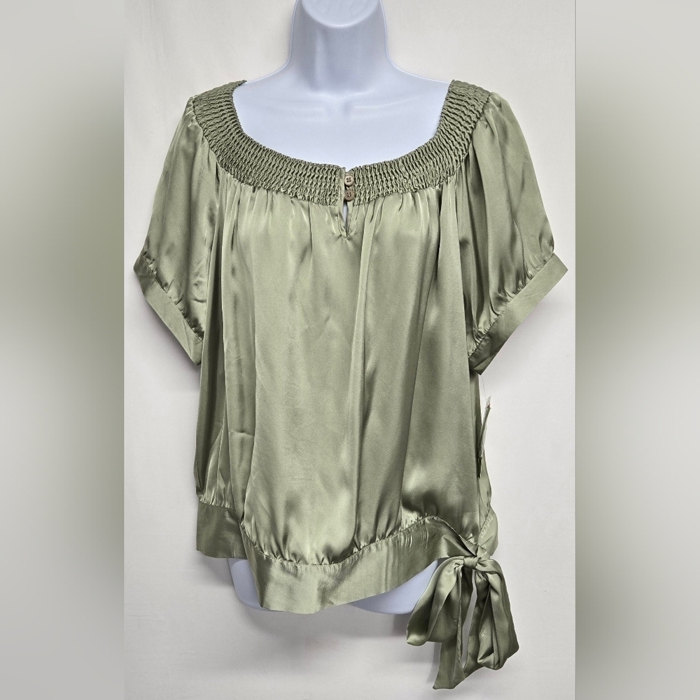 Agora New L Silky Smooth Feel Pullover Top Elastic Neck Side Tie Sage Color